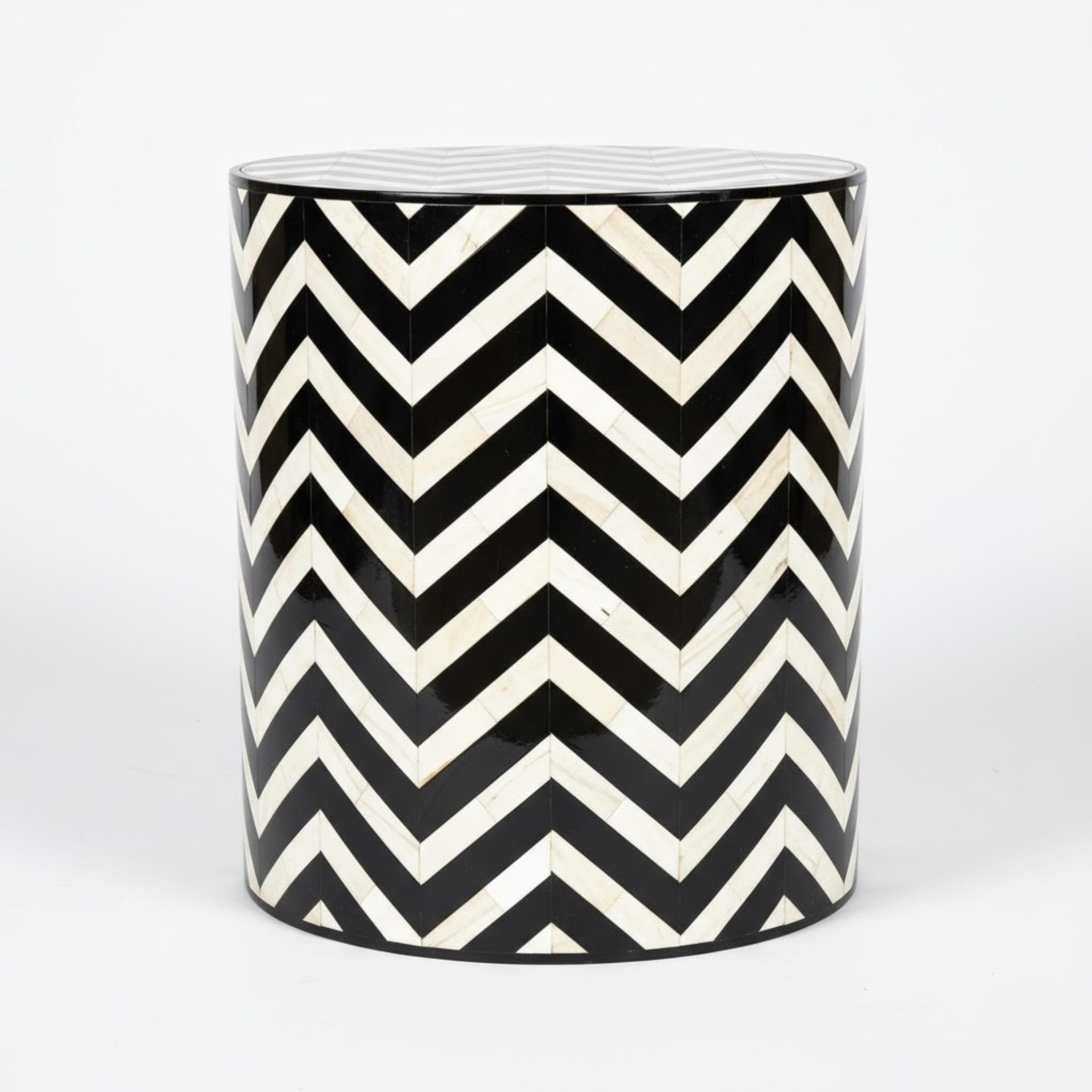 Bone Inlay End Table | Blue Chevron Resin Accent Stool | Modern Decorative Furniture for Home Décor