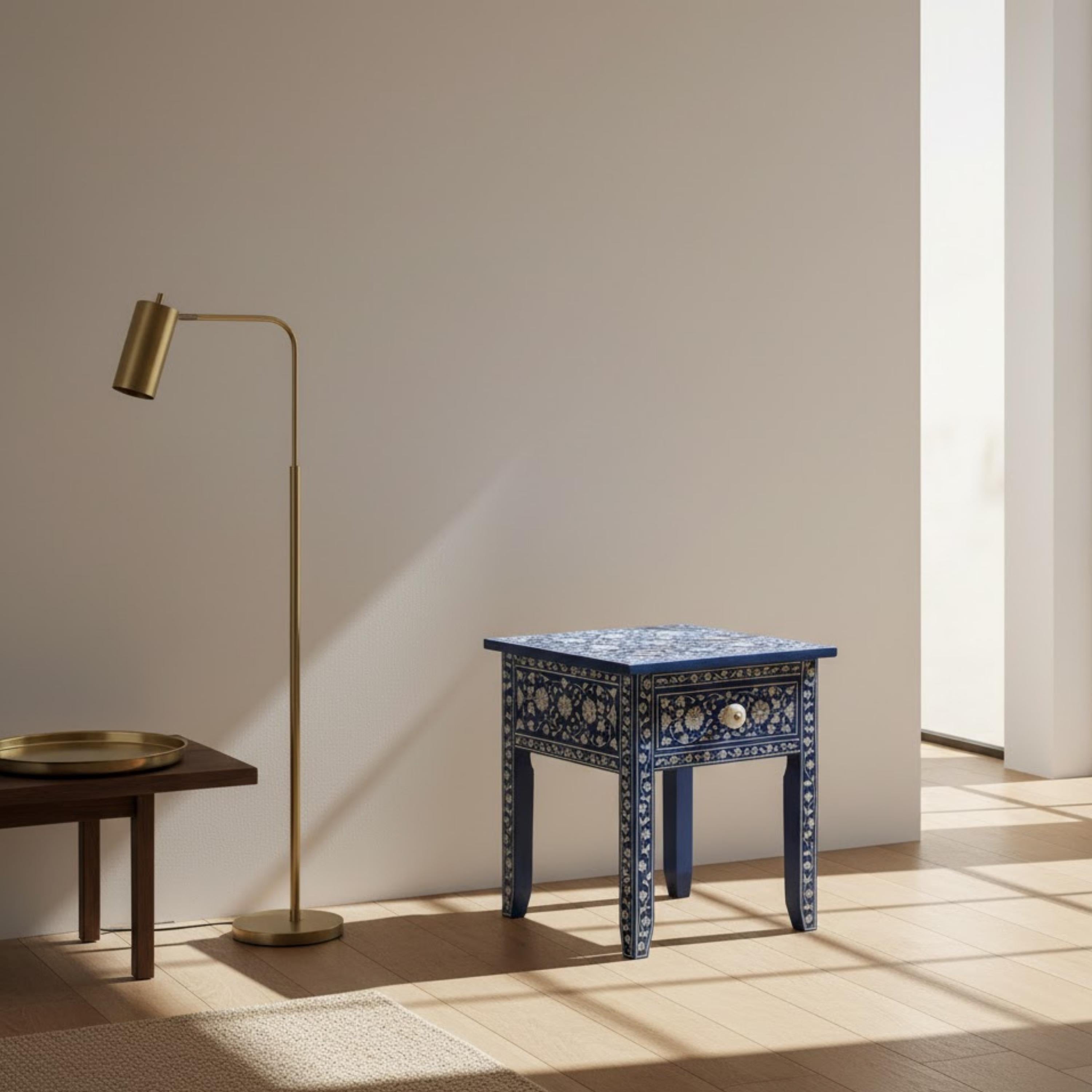 Handmade Green Bone Inlay Nightstand | Floral Resin Side Table | Stylish Decorative Furniture for Modern Homes