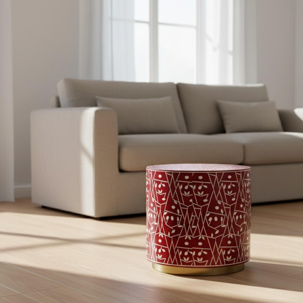 Resin Red Bone Inlay End Table | Handmade Decorative Accent Table | Elegant Side Table for Bedroom & Living Room