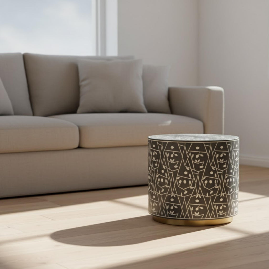 Resin Red Bone Inlay End Table | Handmade Decorative Accent Table | Elegant Side Table for Bedroom & Living Room