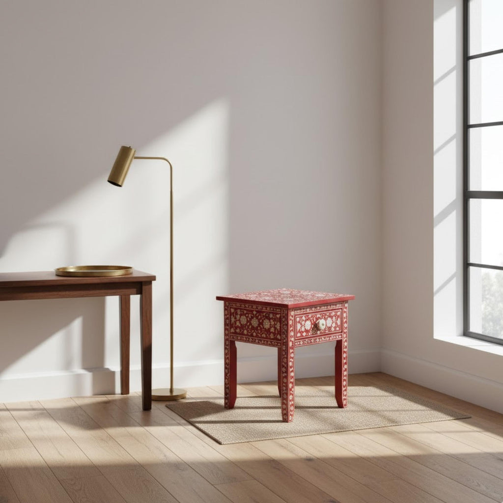 Handmade Green Bone Inlay Nightstand | Floral Resin Side Table | Stylish Decorative Furniture for Modern Homes