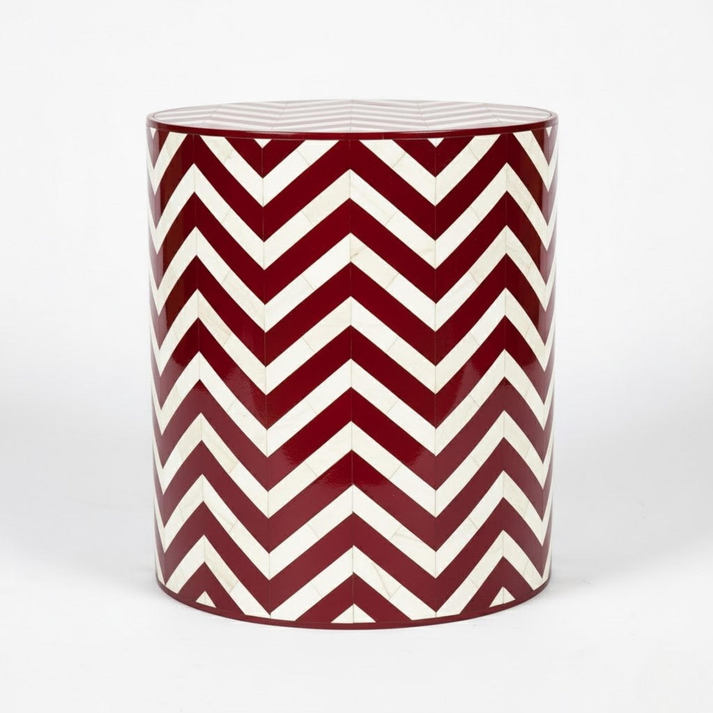 Bone Inlay End Table | Blue Chevron Resin Accent Stool | Modern Decorative Furniture for Home Décor