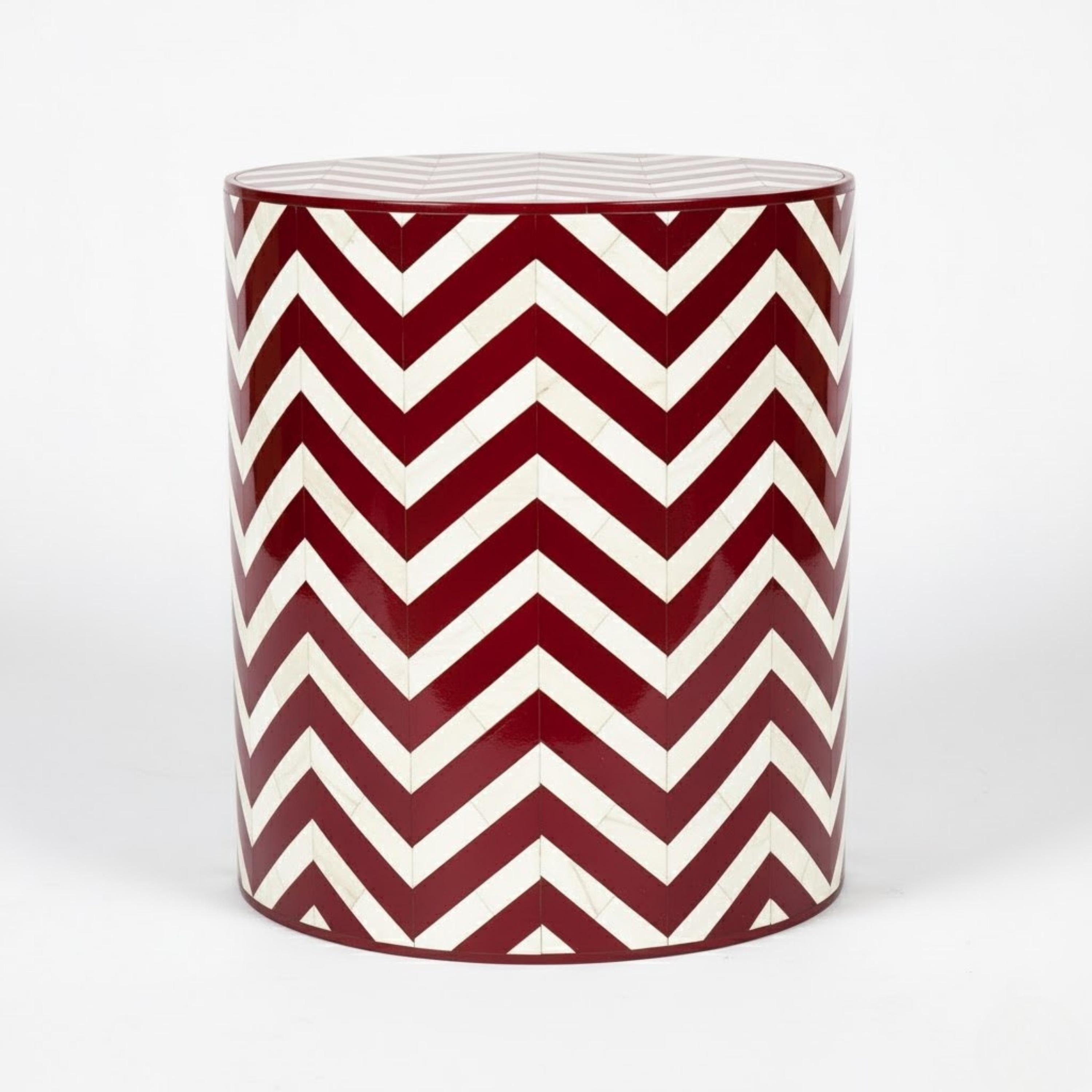 Bone Inlay End Table | Blue Chevron Resin Accent Stool | Modern Decorative Furniture for Home Décor