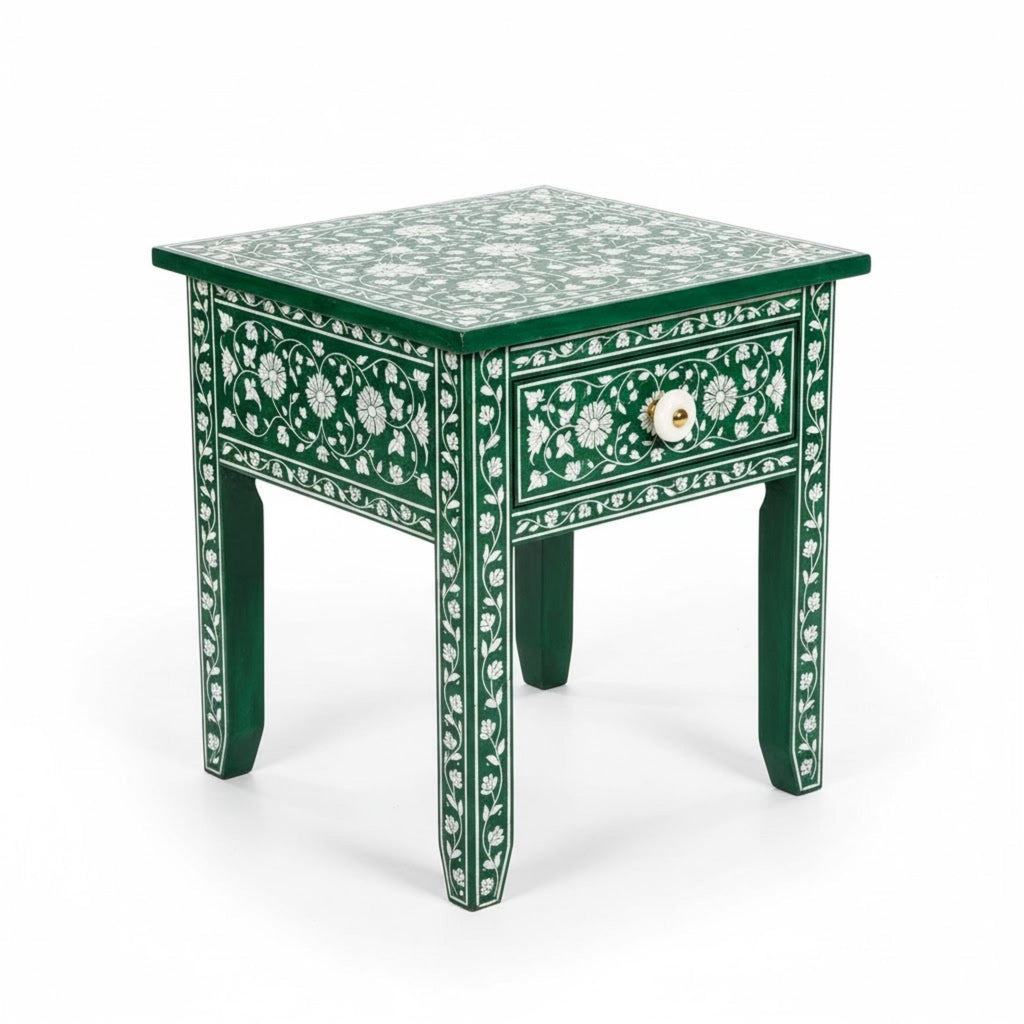 Handmade Green Bone Inlay Nightstand | Floral Resin Side Table | Stylish Decorative Furniture for Modern Homes