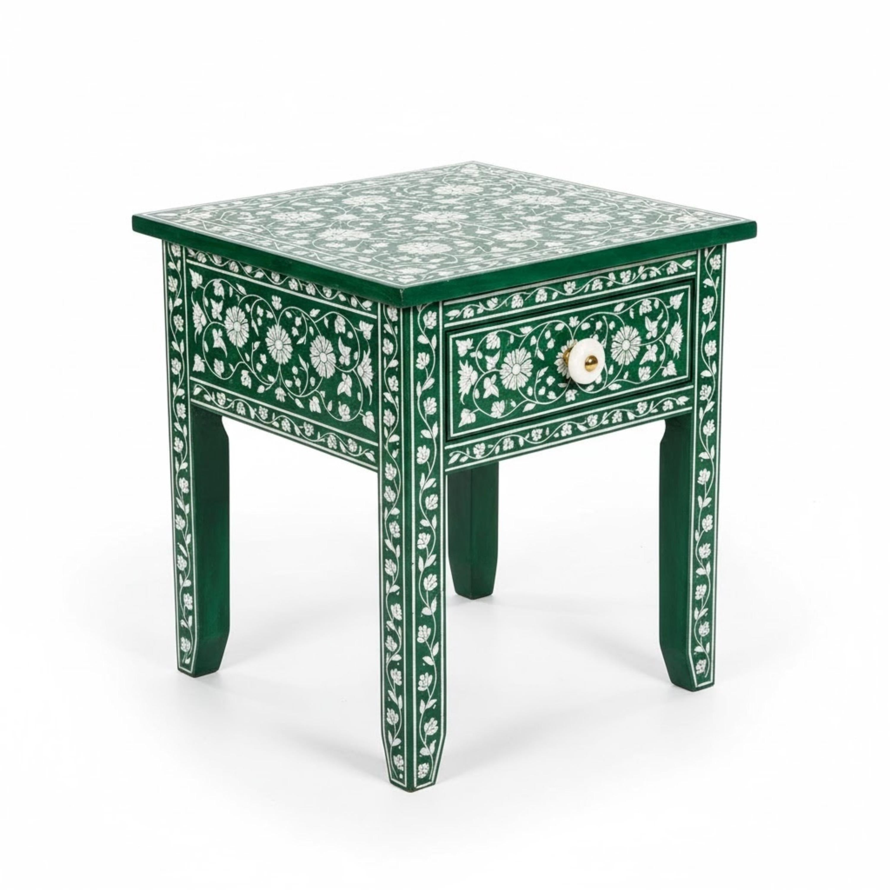Handmade Green Bone Inlay Nightstand | Floral Resin Side Table | Stylish Decorative Furniture for Modern Homes