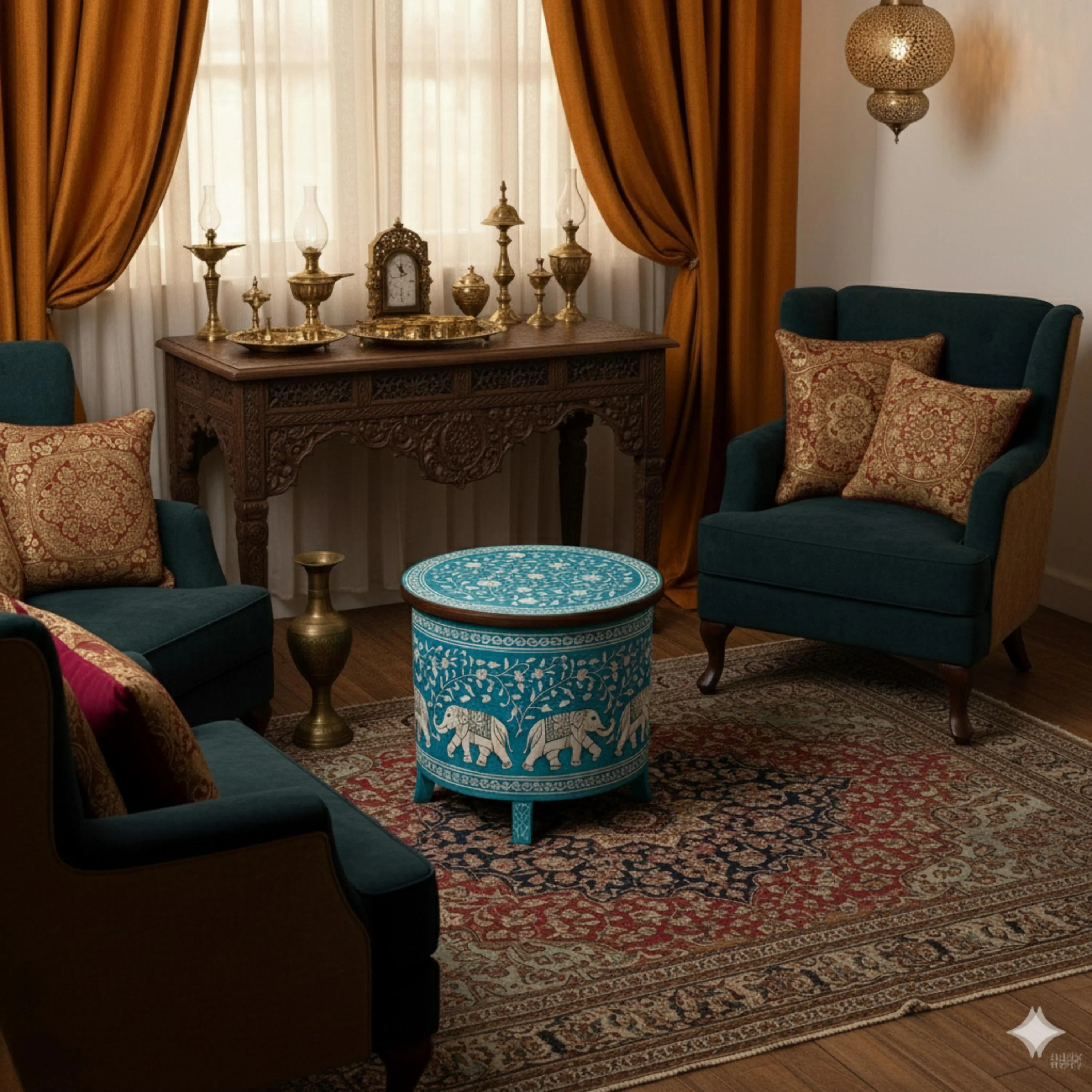 Blue Resin & Bone Inlay Star End Table | Handmade Decorative Accent Table for Living Room & Bedroom