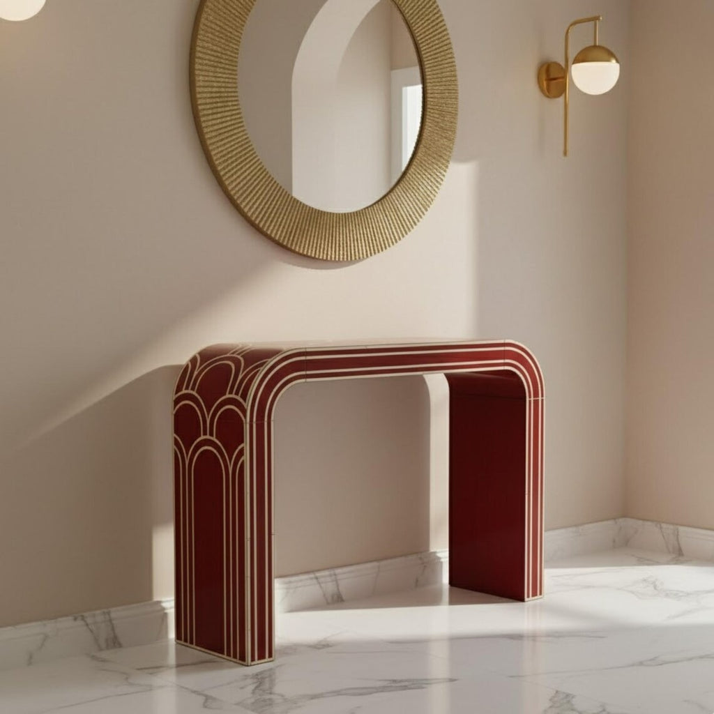 Red Bone Inlay Console Table Luxury Design | Handmade Arch Style Entryway Accent Table