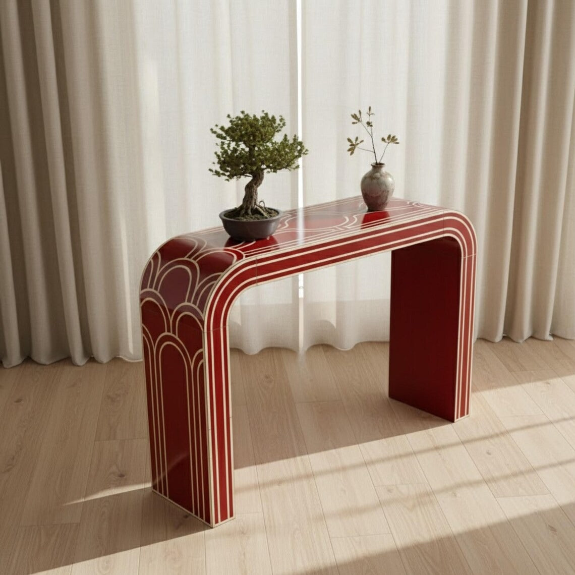 Red Bone Inlay Console Table Luxury Design | Handmade Arch Style Entryway Accent Table