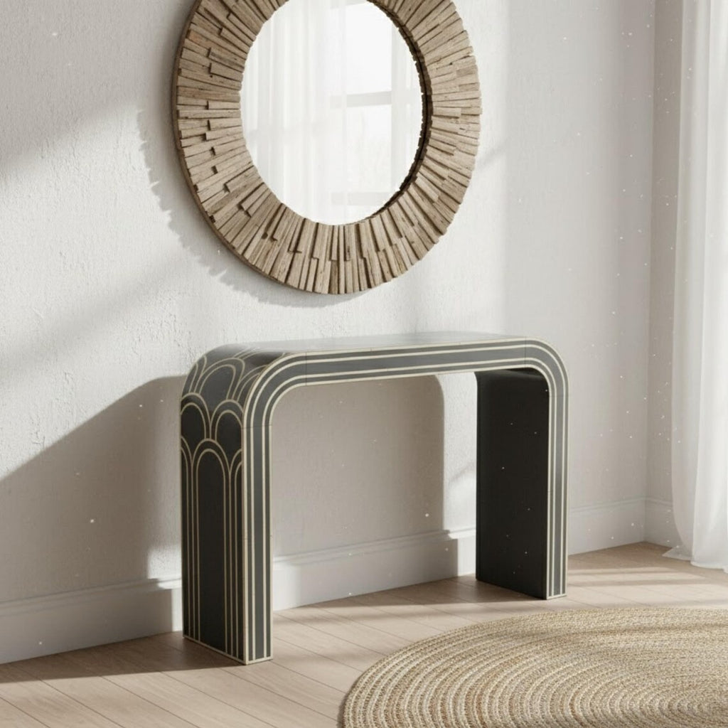 Red Bone Inlay Console Table Luxury Design | Handmade Arch Style Entryway Accent Table