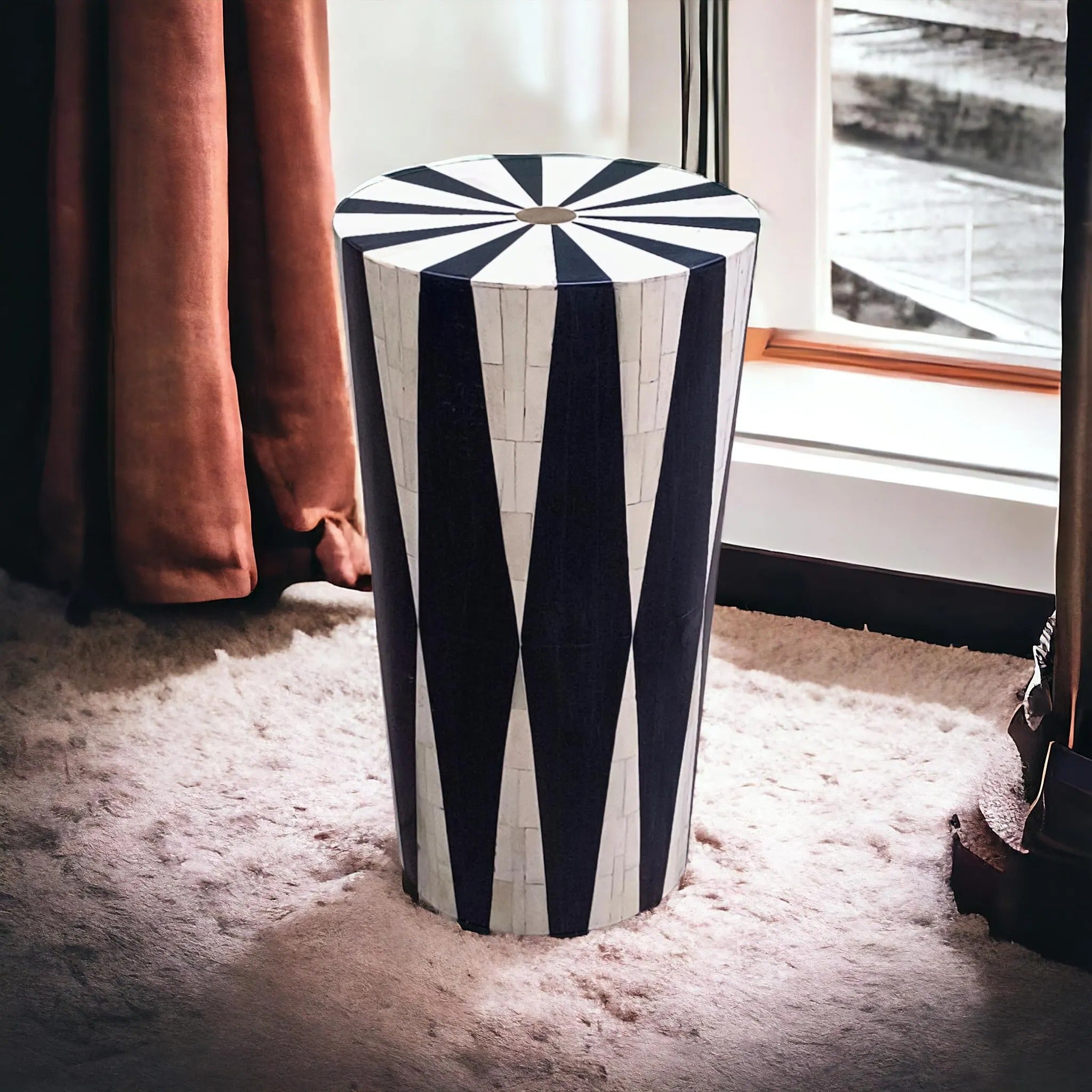 Handmade Bone Inlay Side Table | Black & White Geometric Accent | Modern Decorative End Table for Living Room & Bedroom