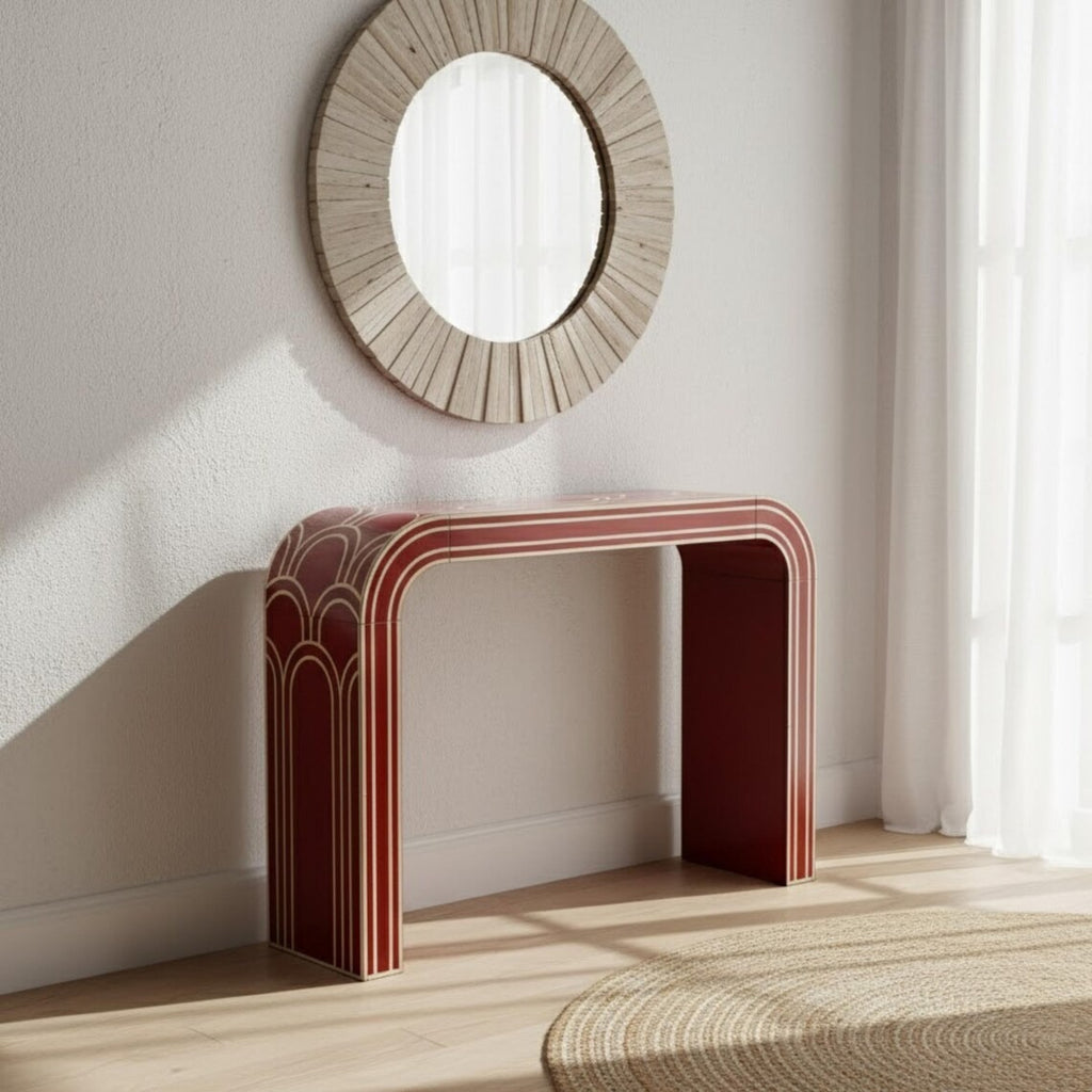 Red Bone Inlay Console Table Luxury Design | Handmade Arch Style Entryway Accent Table