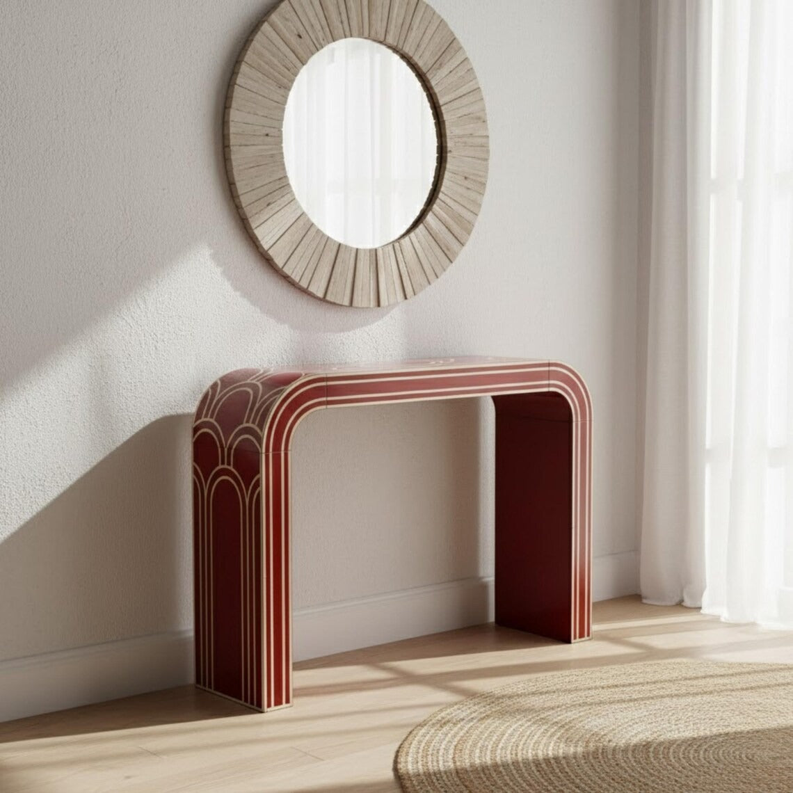 Red Bone Inlay Console Table Luxury Design | Handmade Arch Style Entryway Accent Table