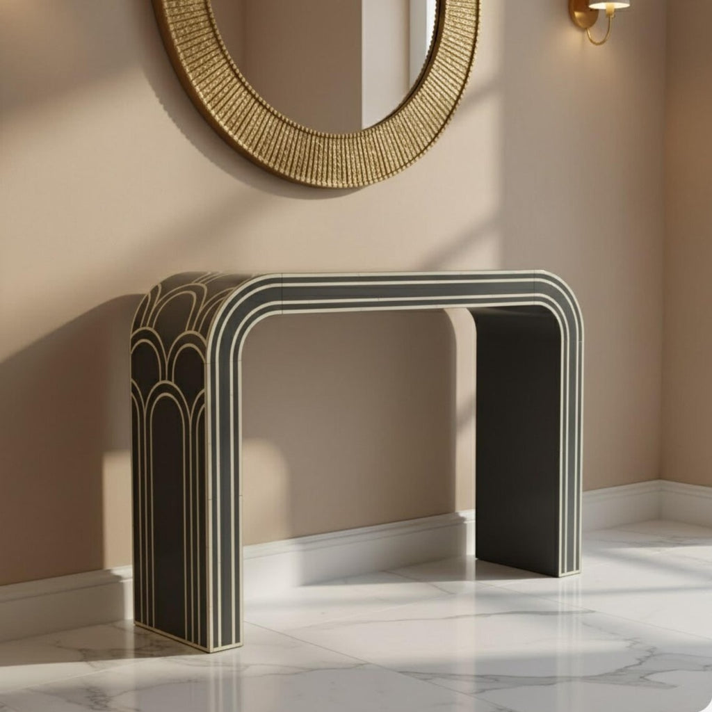 Red Bone Inlay Console Table Luxury Design | Handmade Arch Style Entryway Accent Table