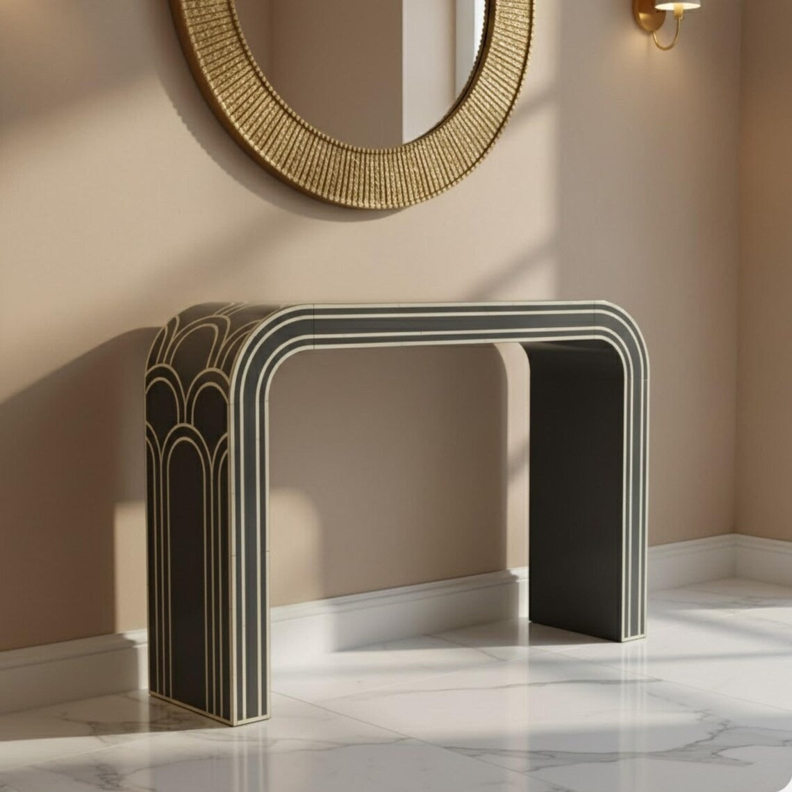 Red Bone Inlay Console Table Luxury Design | Handmade Arch Style Entryway Accent Table