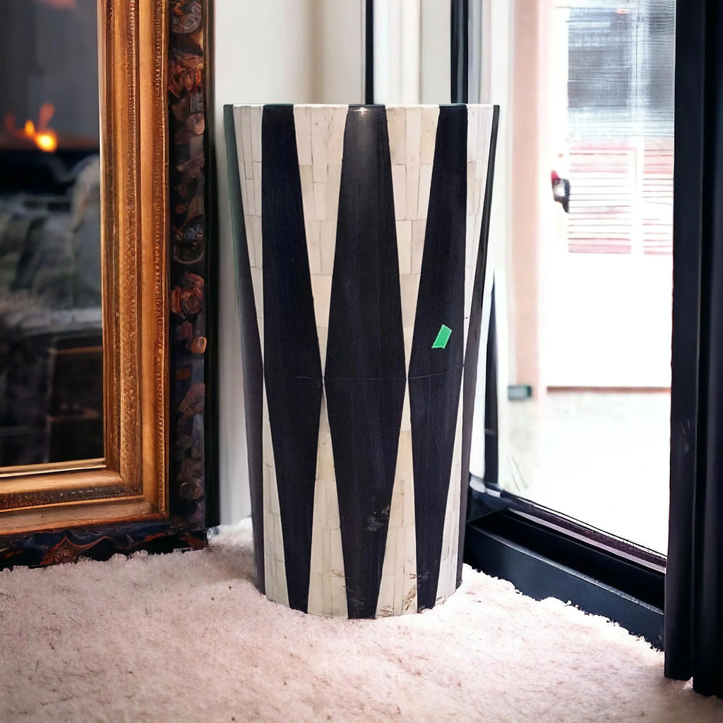 Handmade Bone Inlay Side Table | Black & White Geometric Accent | Modern Decorative End Table for Living Room & Bedroom