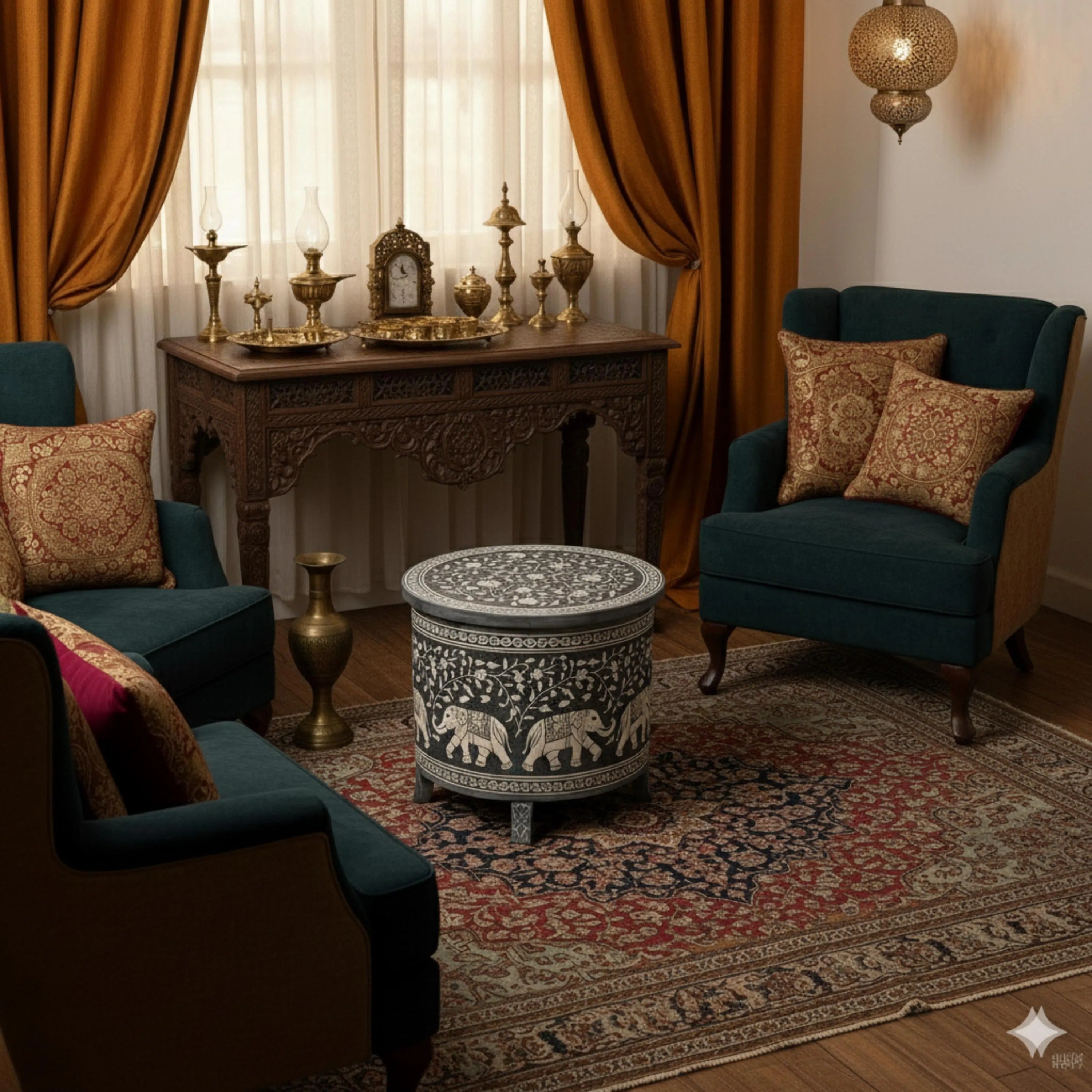 Blue Resin & Bone Inlay Star End Table | Handmade Decorative Accent Table for Living Room & Bedroom