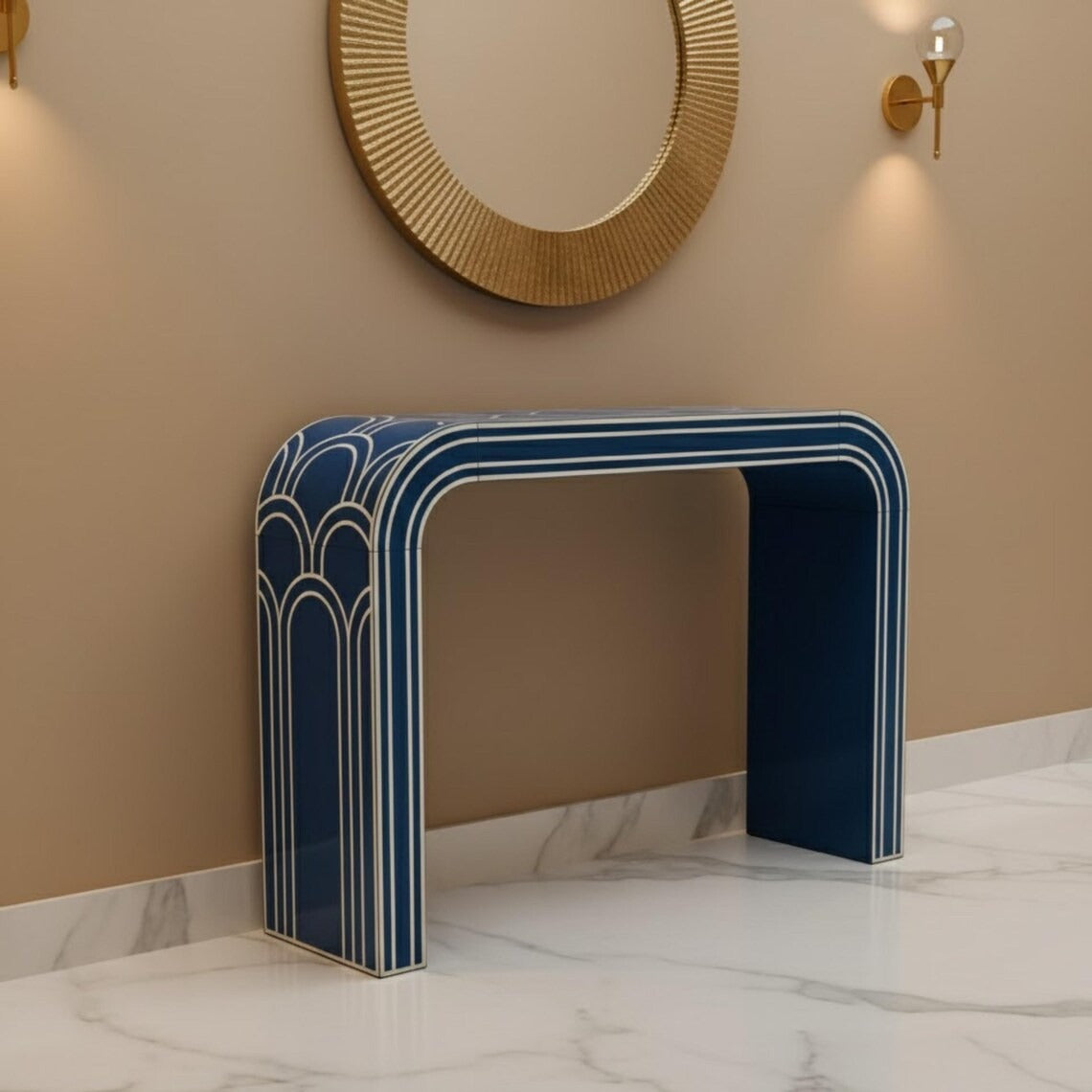 Red Bone Inlay Console Table Luxury Design | Handmade Arch Style Entryway Accent Table