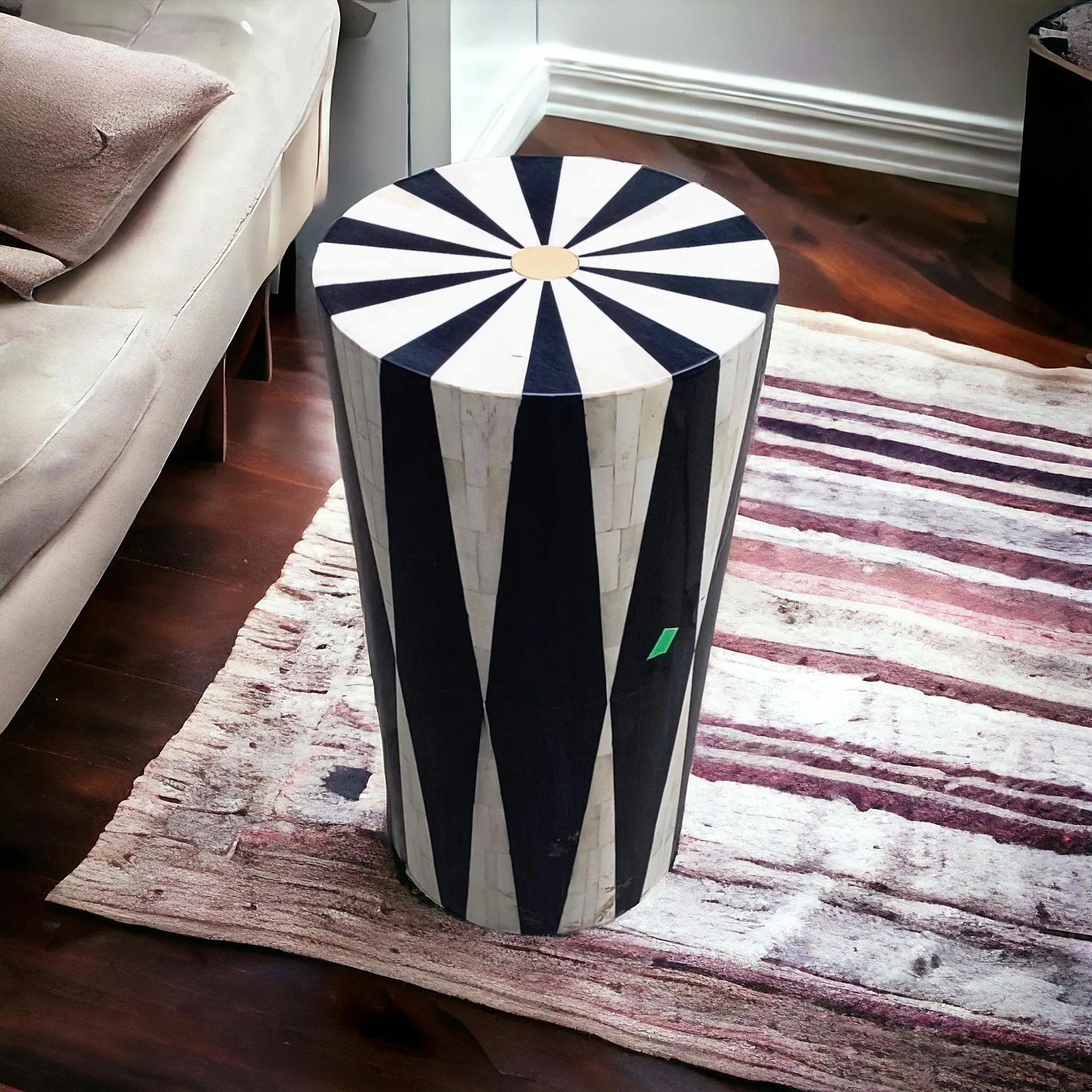 Handmade Bone Inlay Side Table | Black & White Geometric Accent | Modern Decorative End Table for Living Room & Bedroom