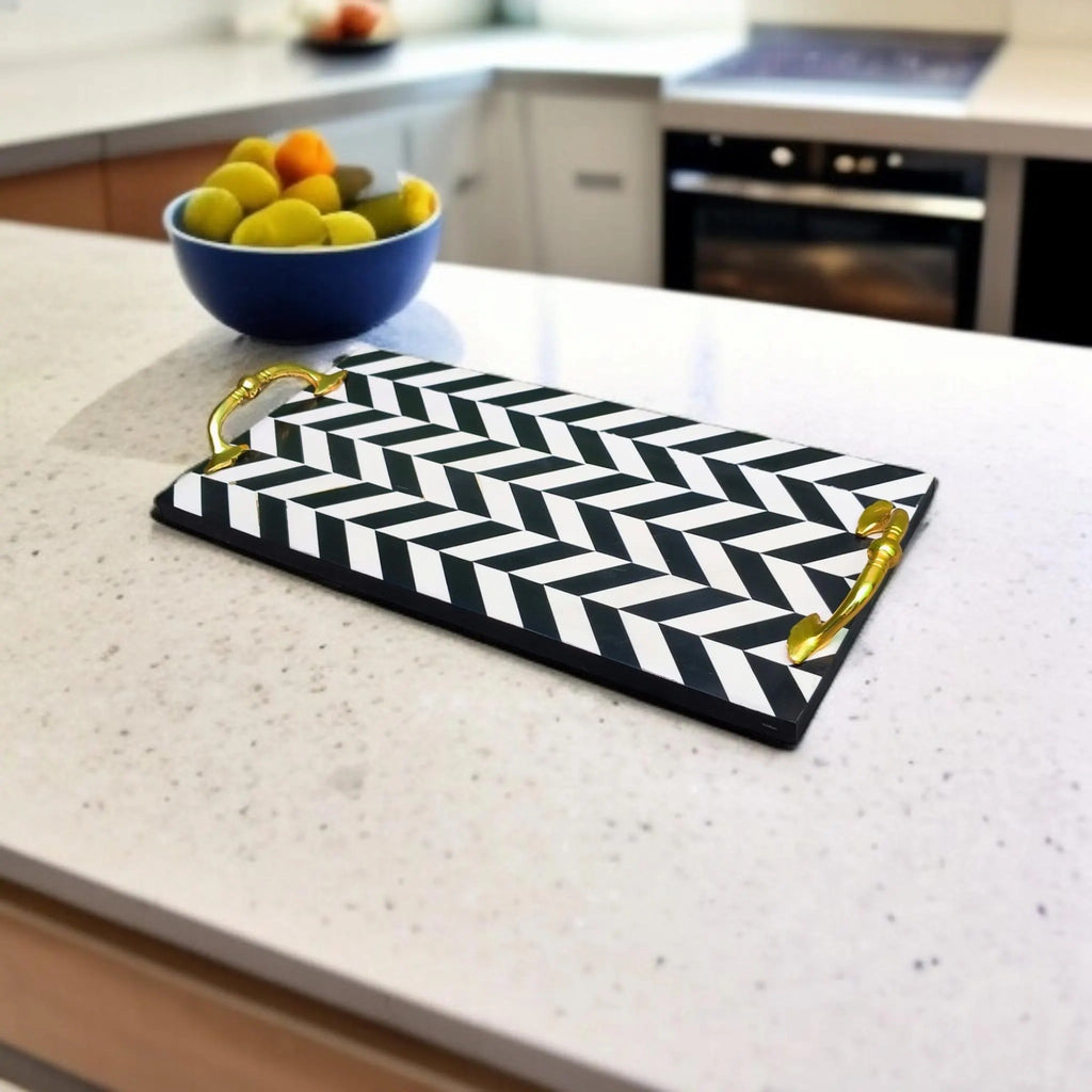 Black & White Resin Serving Tray with Gold Handles | Stylish Home Decor. Perfect for Serving, Gifting & Home Decor. Durable, Elegant & Ideal for Modern Interiors