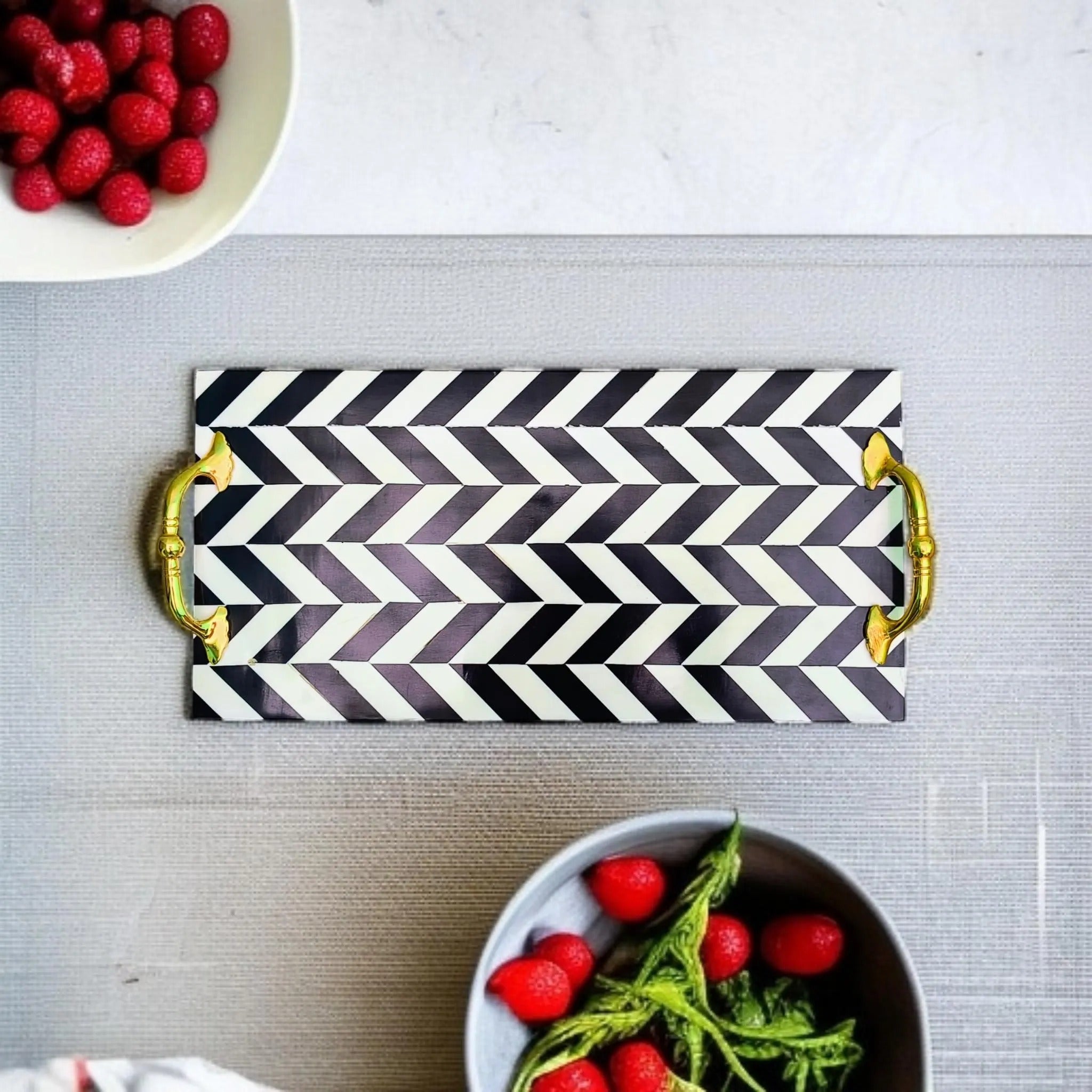 Black & White Resin Serving Tray with Gold Handles | Stylish Home Decor. Perfect for Serving, Gifting & Home Decor. Durable, Elegant & Ideal for Modern Interiors