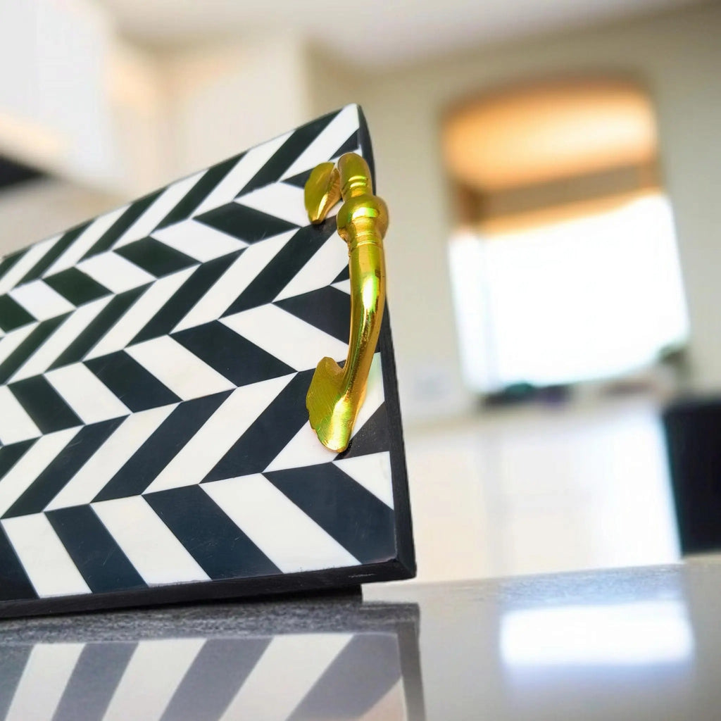 Black & White Resin Serving Tray with Gold Handles | Stylish Home Decor. Perfect for Serving, Gifting & Home Decor. Durable, Elegant & Ideal for Modern Interiors