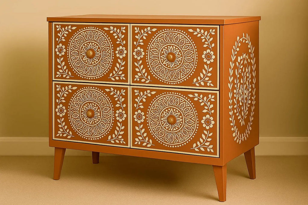 Bone Inlay Dresser with Floral Mandala Design | Handcrafted 4-Drawer Resin Chest | Elegant Designer Storage Furniture