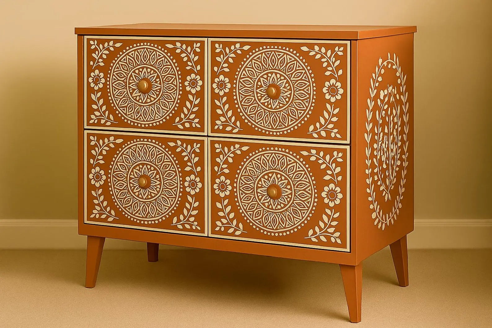 Bone Inlay Dresser with Floral Mandala Design | Handcrafted 4-Drawer Resin Chest | Elegant Designer Storage Furniture
