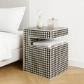 Modern Geometric Bone Inlay Side Table | Black & White Handmade End Table | Stylish Drum Accent Table for Home Décor