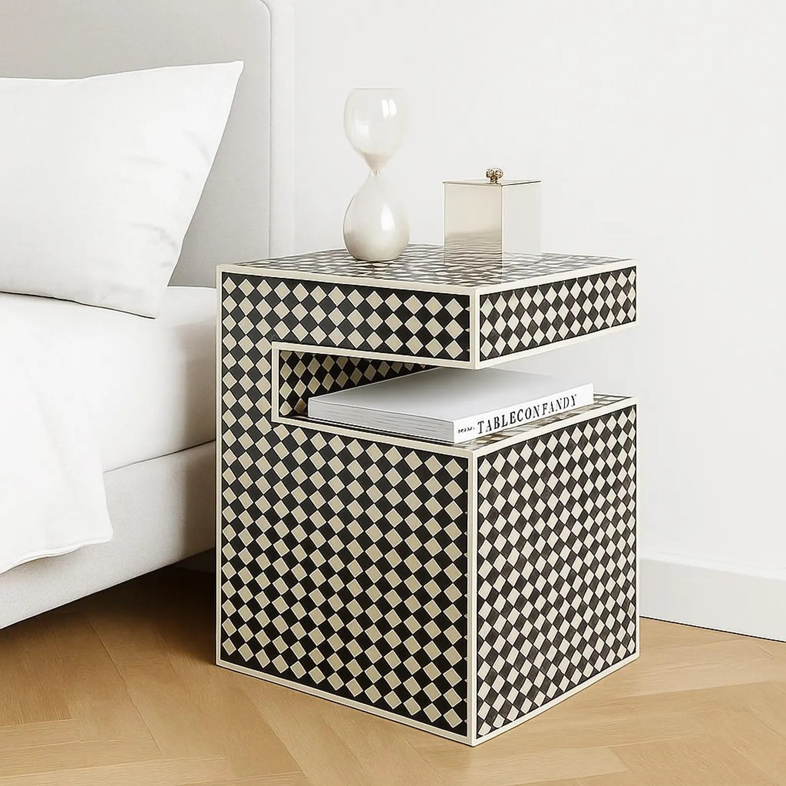 Modern Geometric Bone Inlay Side Table | Black & White Handmade End Table | Stylish Drum Accent Table for Home Décor
