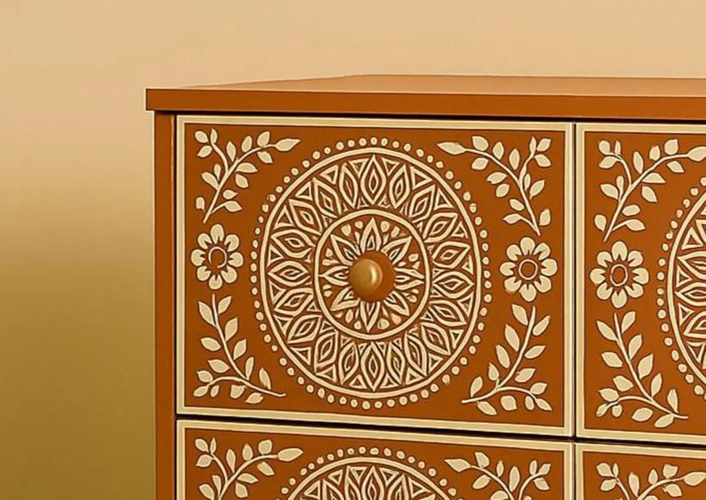 Bone Inlay Dresser with Floral Mandala Design | Handcrafted 4-Drawer Resin Chest | Elegant Designer Storage Furniture
