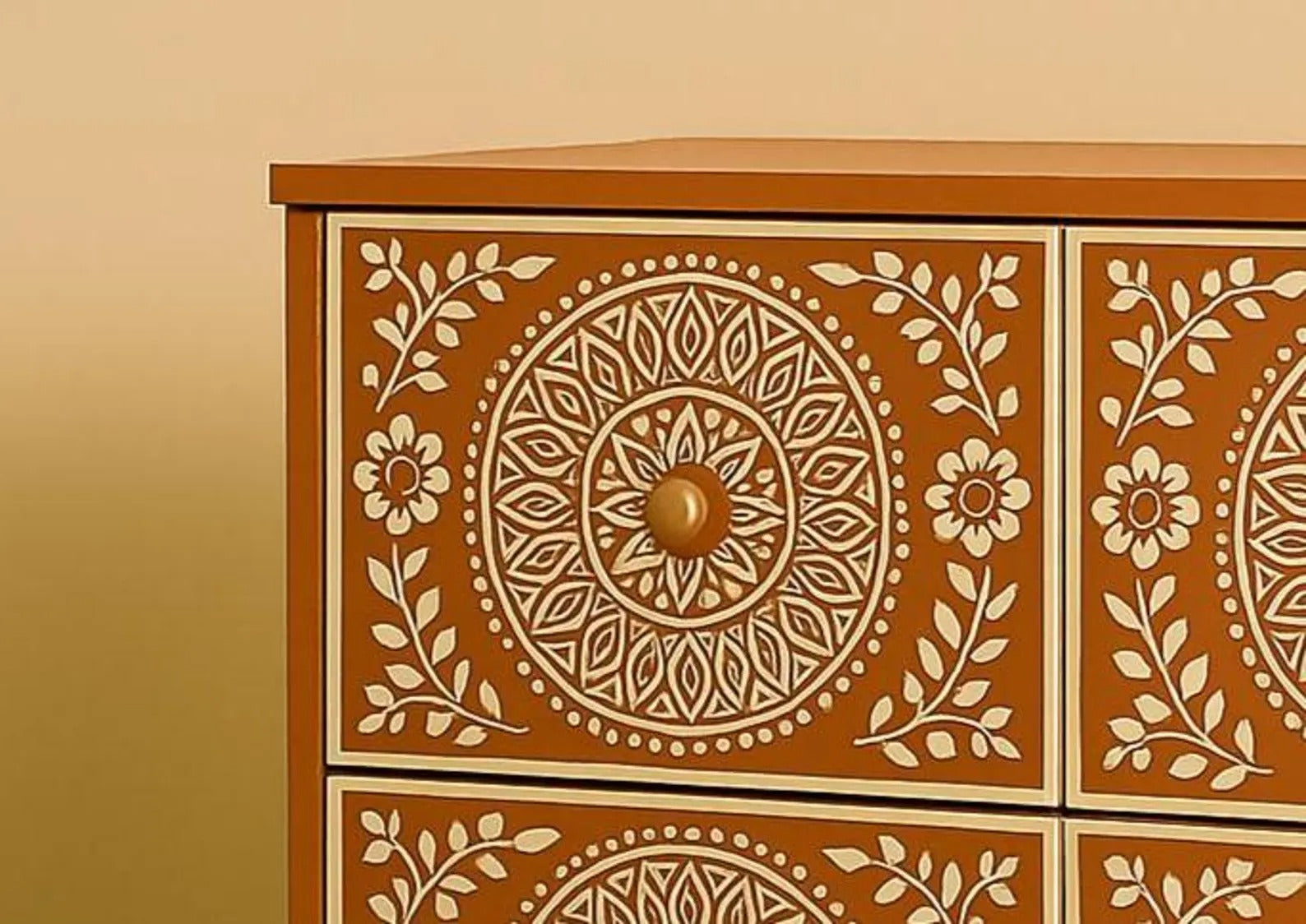 Bone Inlay Dresser with Floral Mandala Design | Handcrafted 4-Drawer Resin Chest | Elegant Designer Storage Furniture