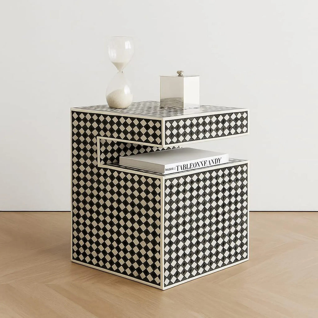 Modern Geometric Bone Inlay Side Table | Black & White Handmade End Table | Stylish Drum Accent Table for Home Décor