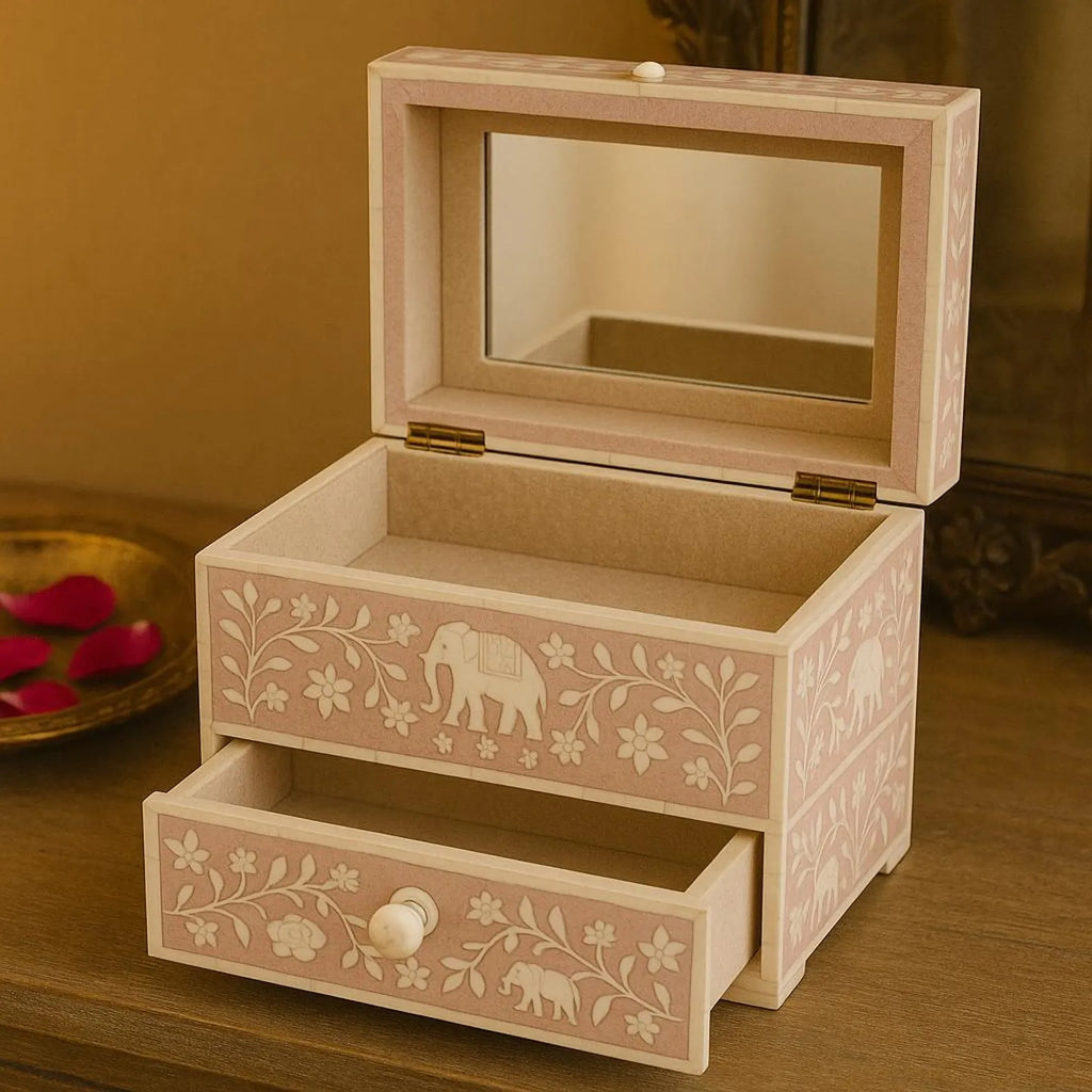 Handmade Pink Bone Inlay Makeup Box | Floral Design Jewelry Organizer for Vanity, Accessories & Keepsakes | Decorative Storage Box