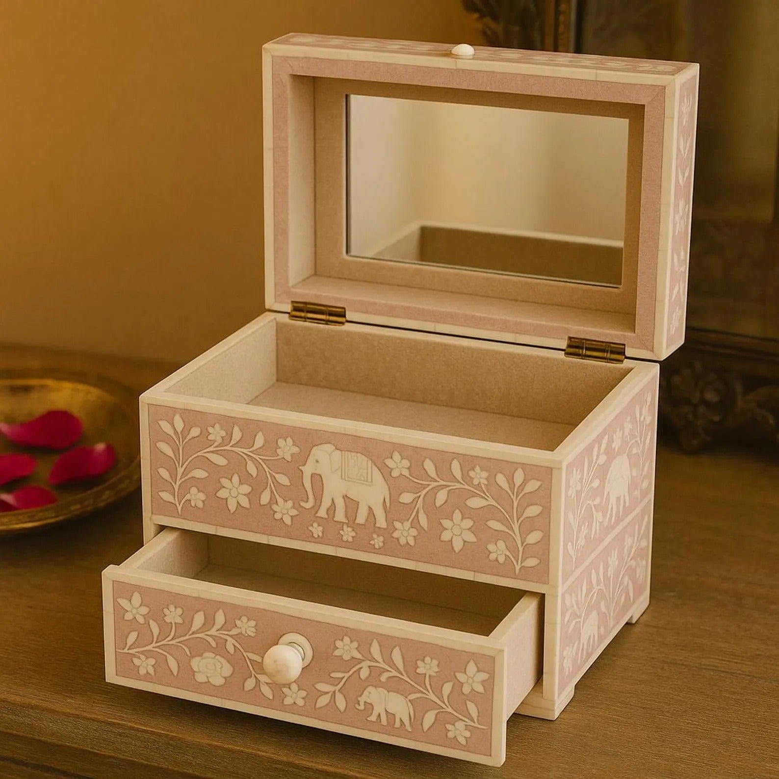 Handmade Pink Bone Inlay Makeup Box | Floral Design Jewelry Organizer for Vanity, Accessories & Keepsakes | Decorative Storage Box
