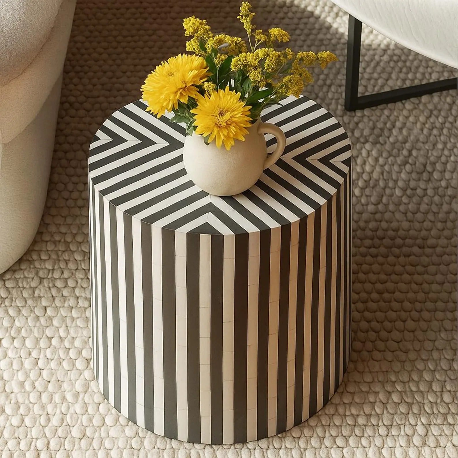 Bone Inlay End Table | Striped Resin Side Table | Handmade Modern Accent Table for Living Room & Bedroom