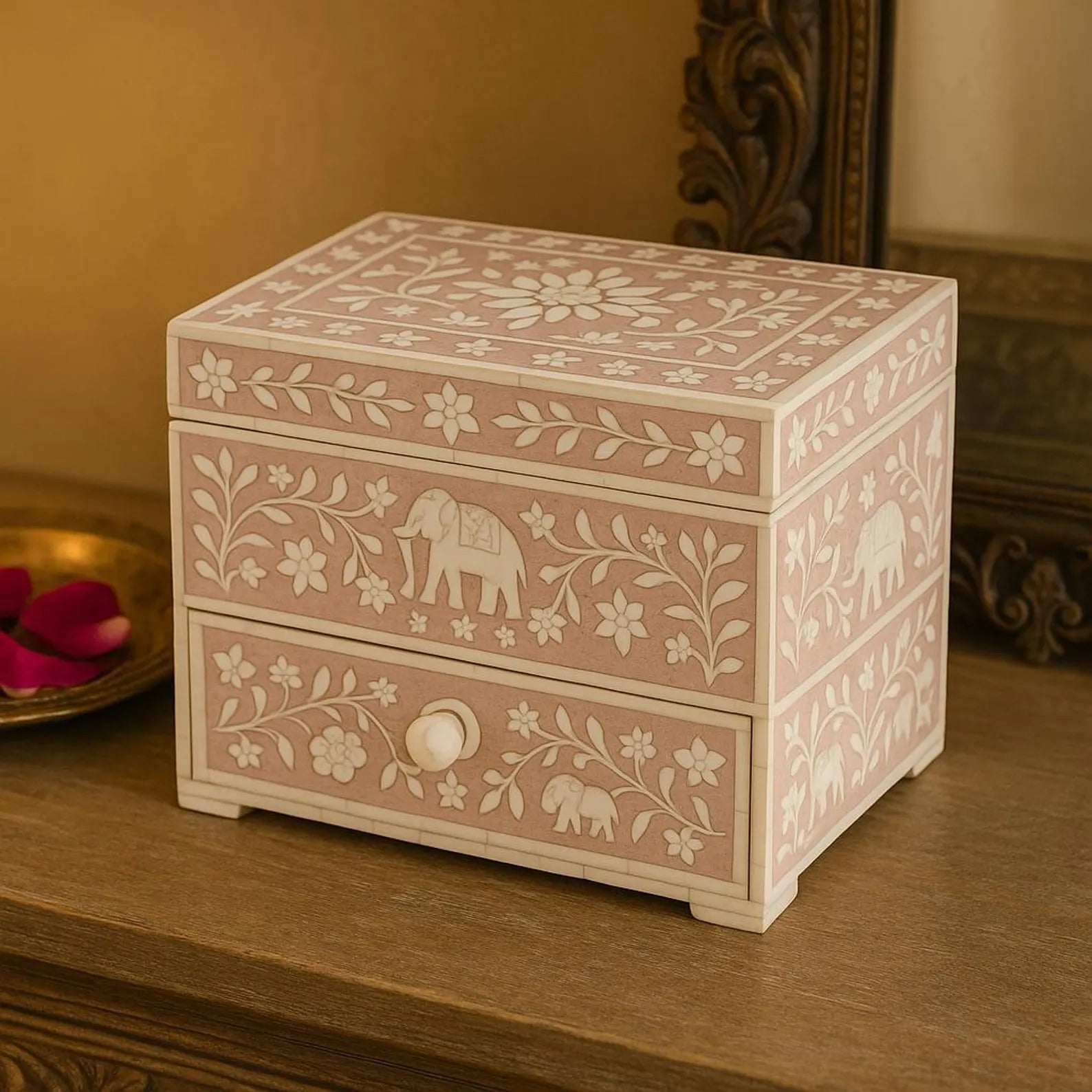 Handmade Pink Bone Inlay Makeup Box | Floral Design Jewelry Organizer for Vanity, Accessories & Keepsakes | Decorative Storage Box