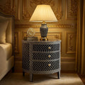 Handmade Bone Inlay Nightstand | Chevron Pattern Accent Table with 3 Drawers | Stylish Decorative Furniture for Modern Homes
