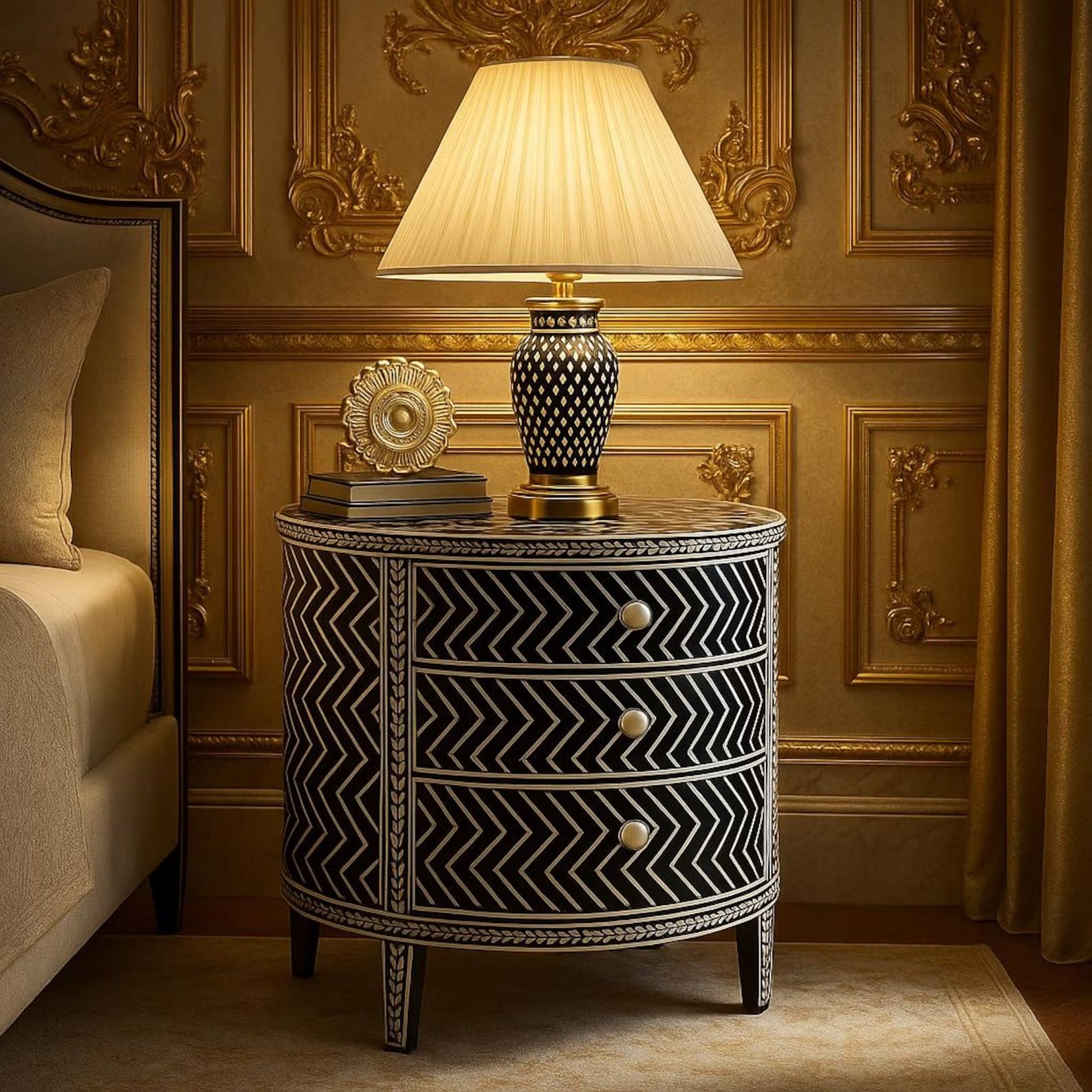 Handmade Bone Inlay Nightstand | Chevron Pattern Accent Table with 3 Drawers | Stylish Decorative Furniture for Modern Homes