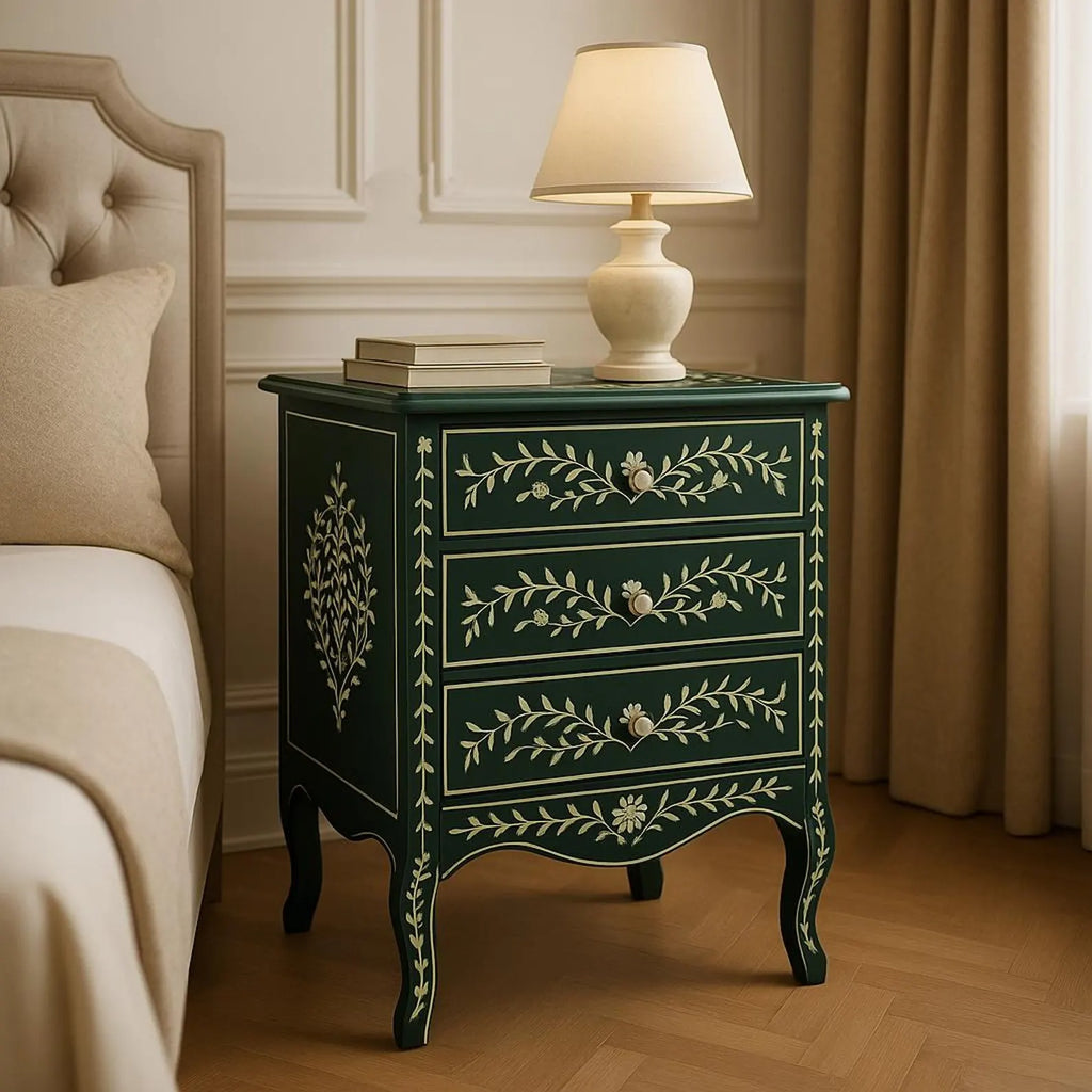 Handmade Green Bone Inlay Nightstand | Floral Resin End Table | Stylish Decorative Side Table for Modern Homes