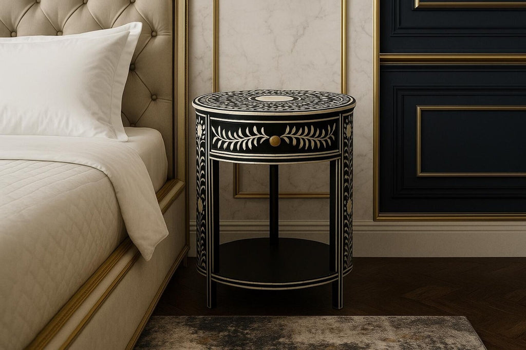 Black Bone Inlay Nightstand with Drawer | Handmade Floral End Table | Modern Indian Side Table for Home & Office