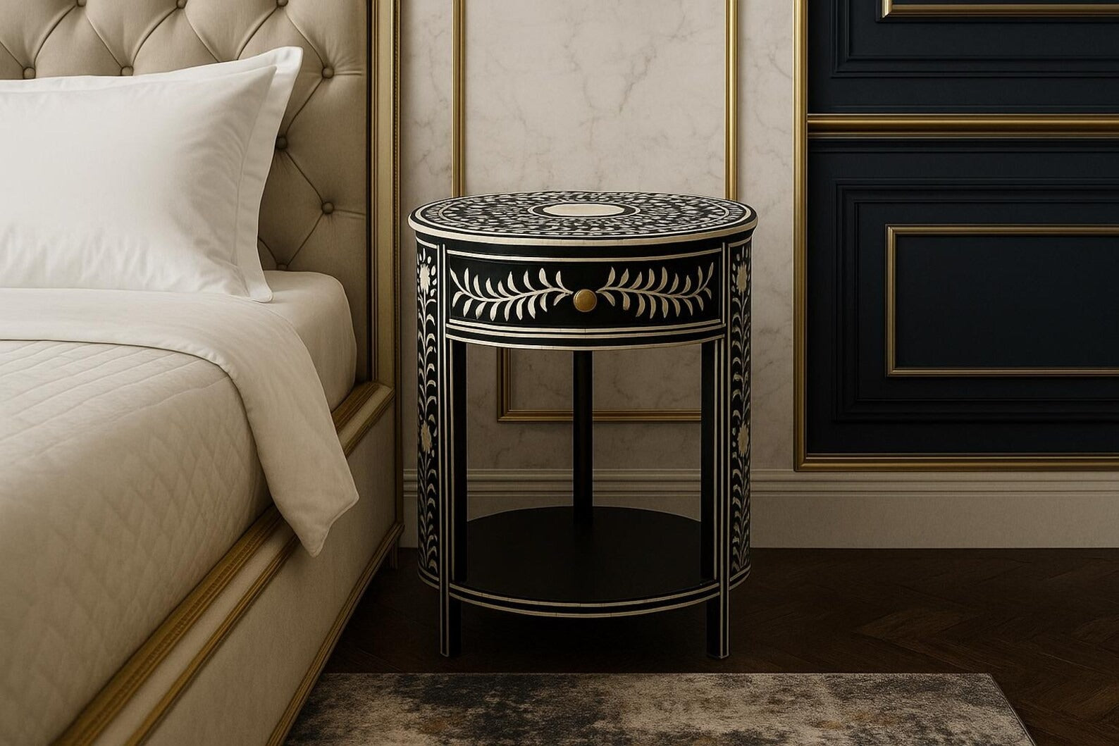 Black Bone Inlay Nightstand with Drawer | Handmade Floral End Table | Modern Indian Side Table for Home & Office