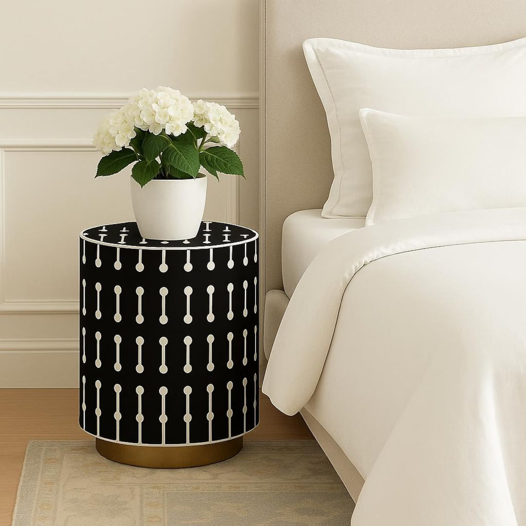 Handmade Bone Inlay Black Resin Nightstand | End Table with Gold Base | Stylish Decorative Furniture for Modern Homes