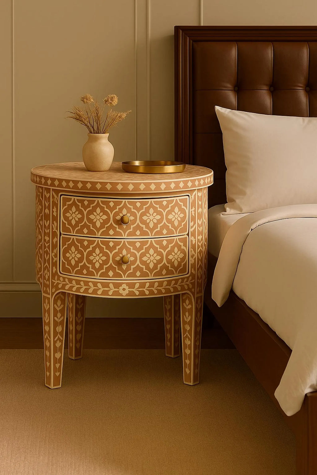 Handcrafted Bone Inlay Nightstand | Terracotta Floral Resin End Table | Modern Decorative Accent Furniture for Home Décor