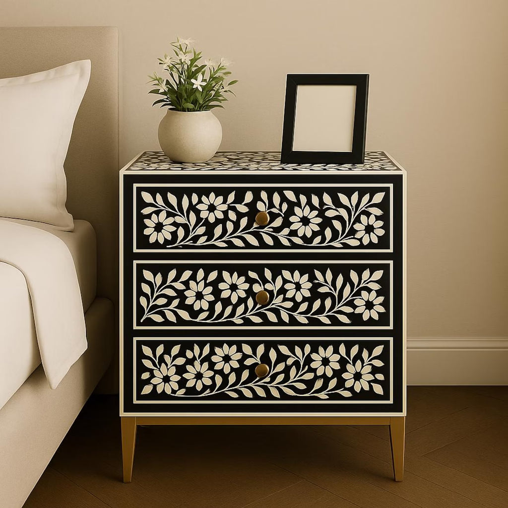 Floral Bone Inlay Nightstand | Handmade Black & White Resin End Table | Decorative Accent Table for Bedroom & Living Room