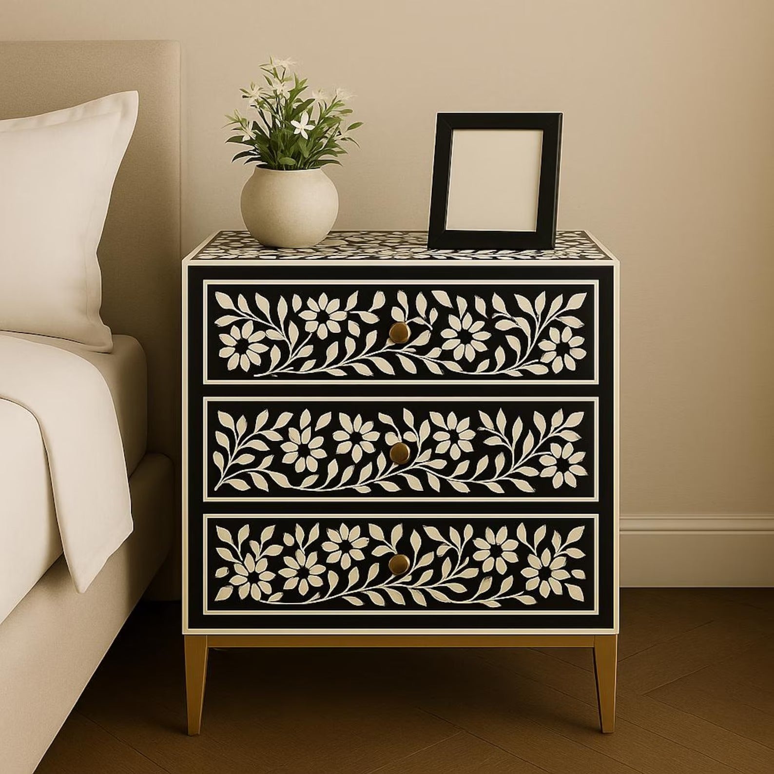 Floral Bone Inlay Nightstand | Handmade Black & White Resin End Table | Decorative Accent Table for Bedroom & Living Room