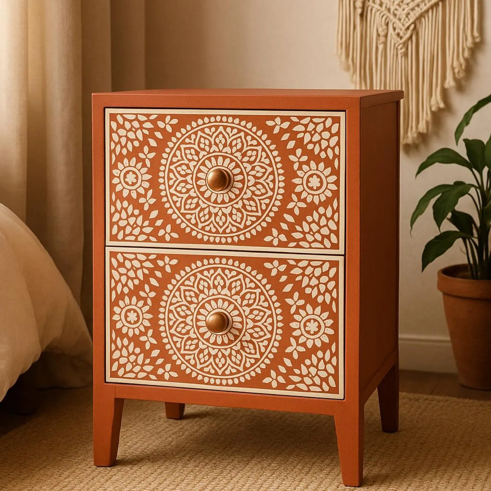 Bone Inlay Nightstand | Terracotta Mandala Floral End Table | Handmade Bedside Table for Bedroom & Living Room Décor