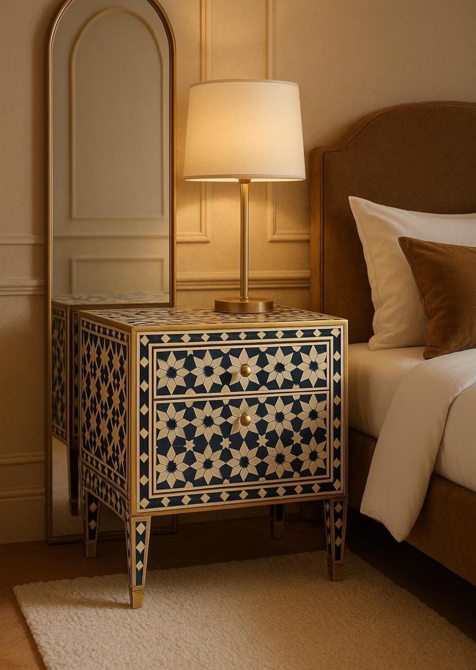 Blue Geometric Bone Inlay Resin Nightstand | Handmade Decorative Accent Table | Elegant Side Table for Bedroom & Living Room