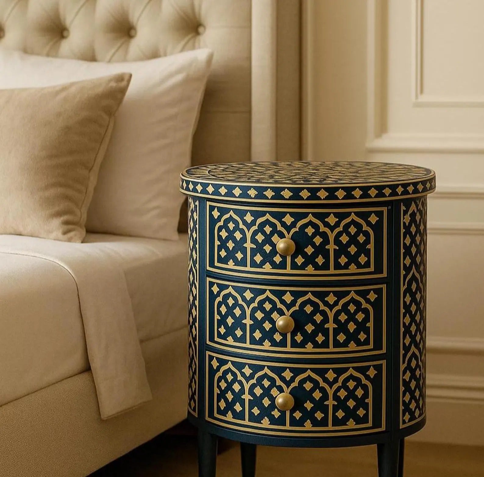 Handmade Bone Inlay Nightstand | 3-Drawer Resin Pattern End Table | Stylish Bedside Storage Cabinet for Modern Homes