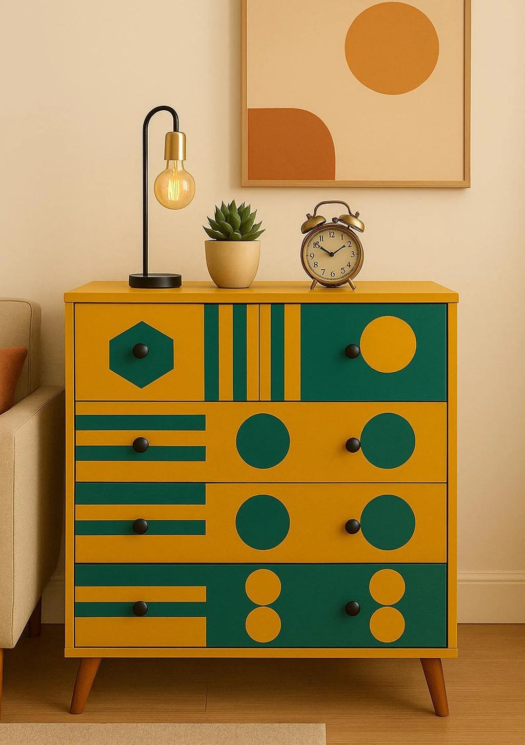 Modern Resin Nightstand with Geometric Design | 4-Drawer End Table for Bedroom & Home Décor | Handmade Storage Table