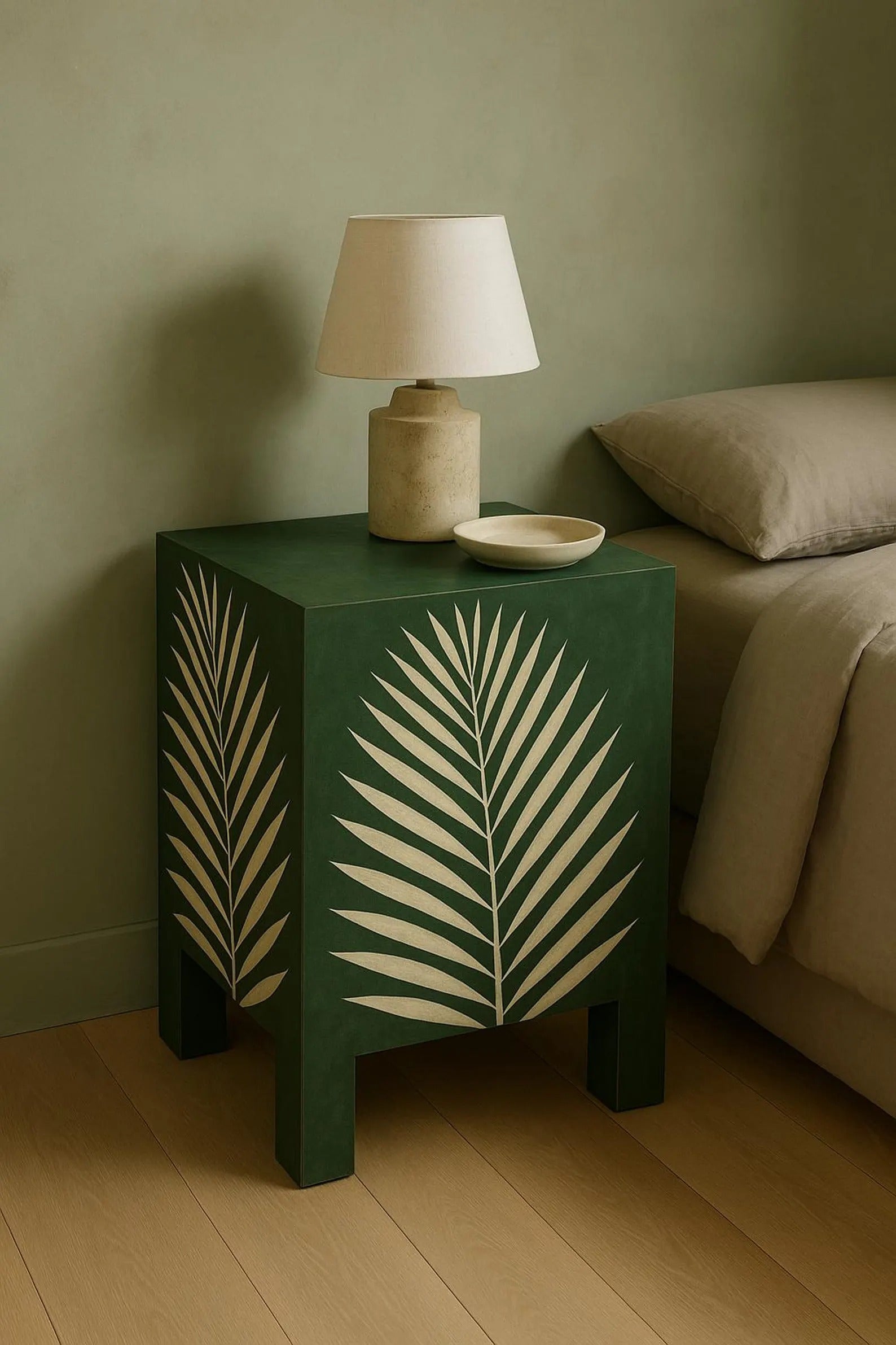 Green Bone Inlay Nightstand | Handmade Palm Leaf Resin Accent Table | Stylish Bedside Table for Modern Home Décor